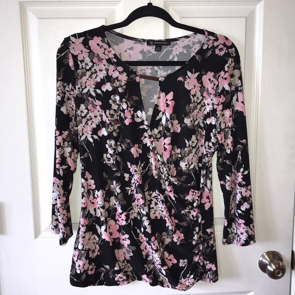 Black floral wrap blouse - Size Medium